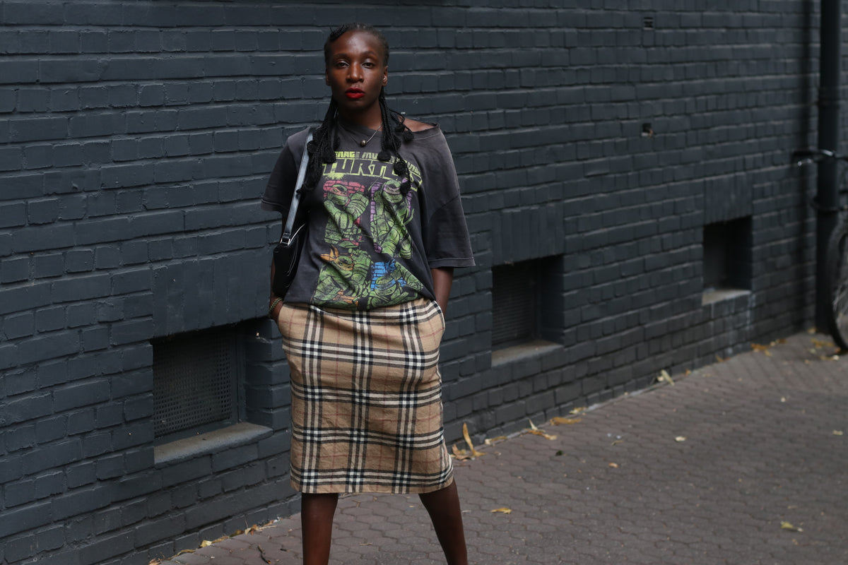 Vintage Wool Plaid Pencil Skirt| y2k Antonette Beige Check Midi - M