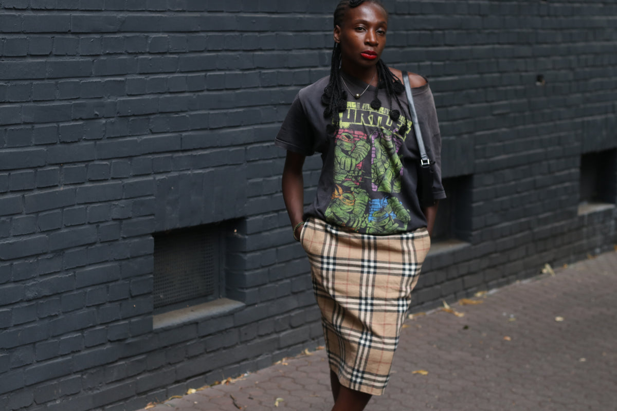 Vintage Wool Plaid Pencil Skirt| y2k Antonette Beige Check Midi - M