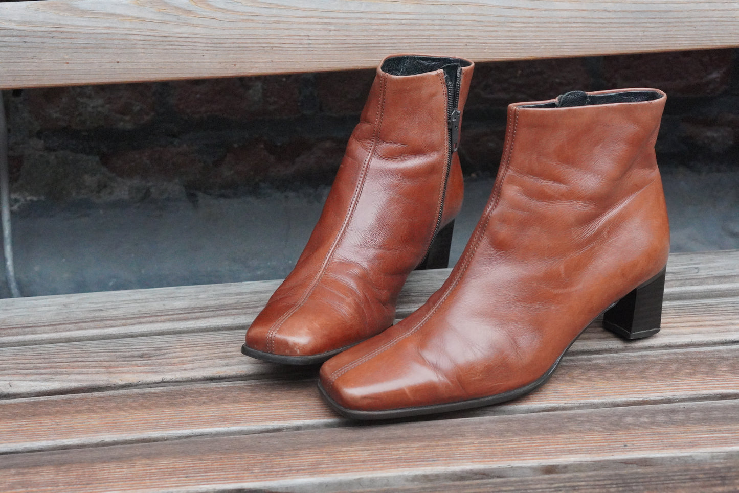 Vintage 90s Gabor Cognac Brown Leather Ankle Boots | Square Toe EU 38