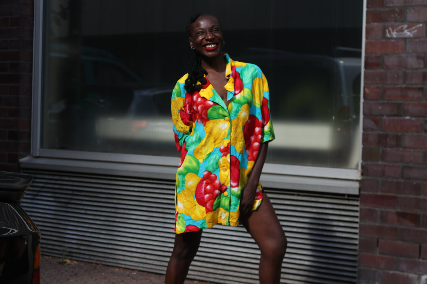 Vintage 90s Fruit Print Shirt Dress - Vibrant Oversized Summer Tunic