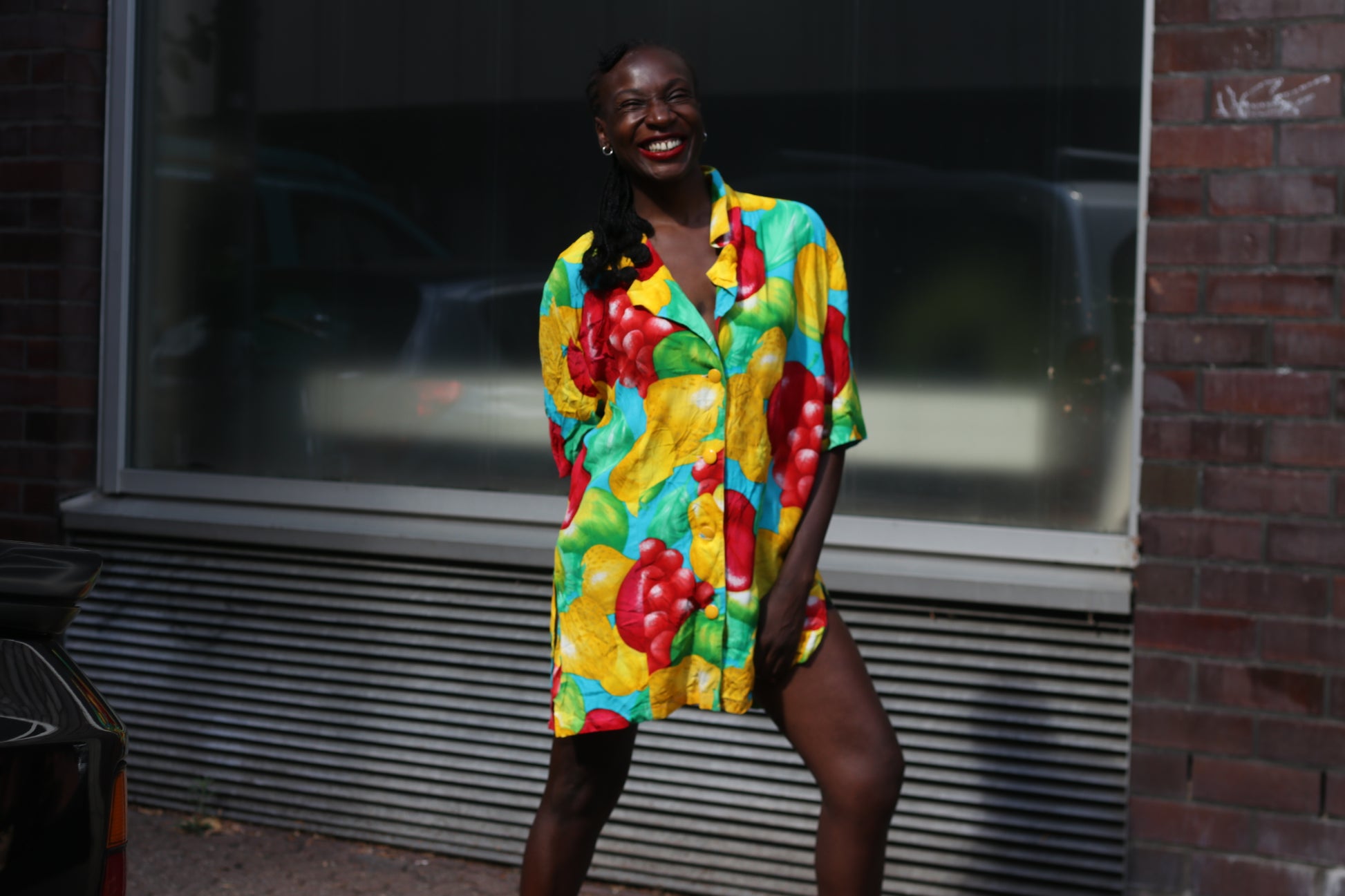 Vintage 90s Fruit Print Shirt Dress - Vibrant Oversized Summer Tunic