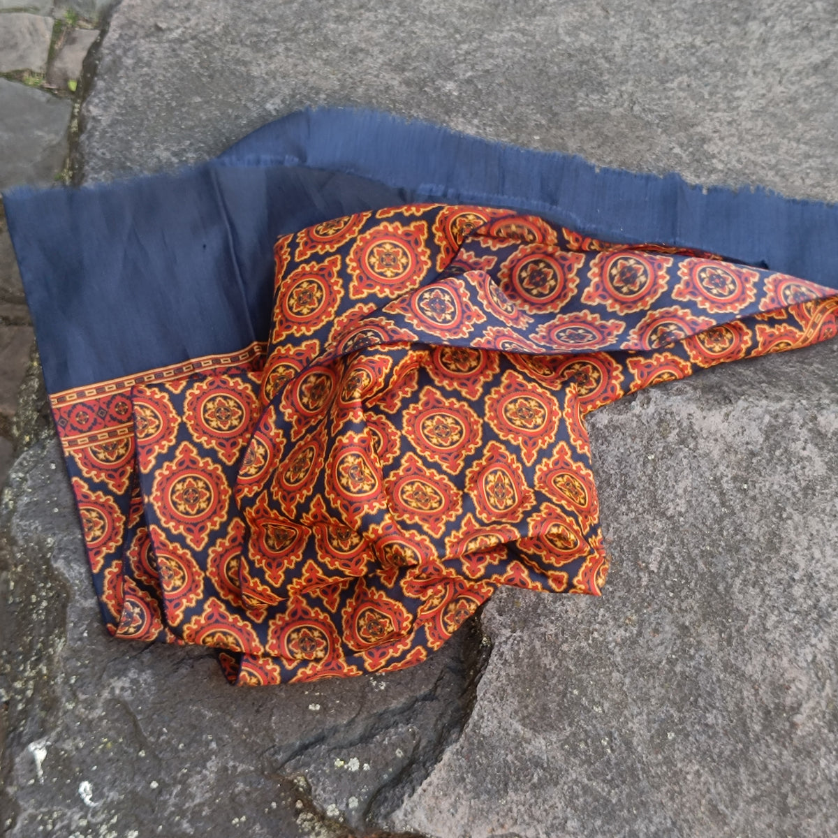 Vintage Silk Blend Scarf | Paisley Tile Wool Scarf | Navy Orange