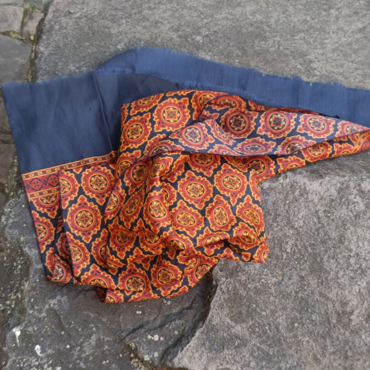 Vintage Silk Blend Scarf | Paisley Tile Wool Scarf | Navy Orange