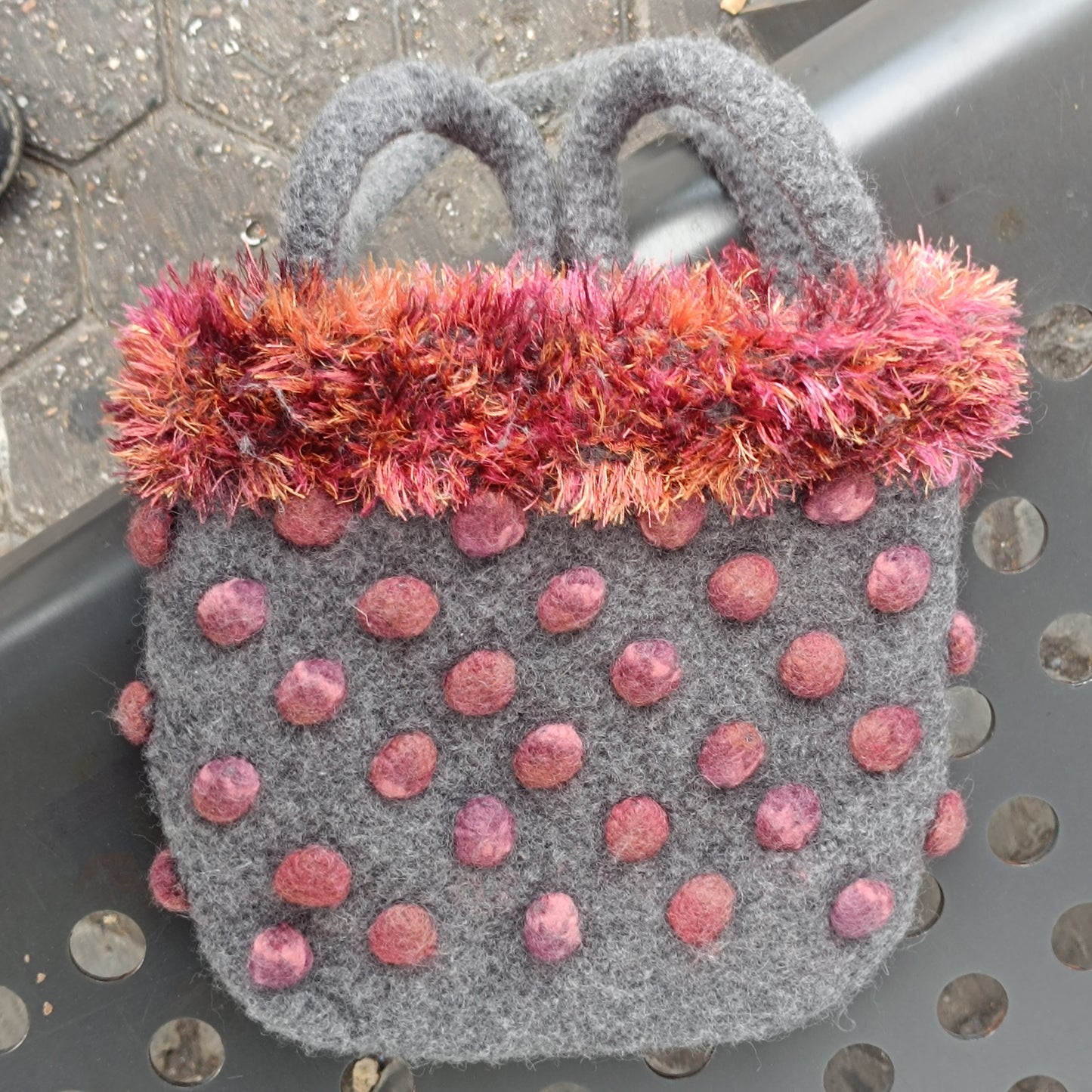 Vintage Y2K Felt Wool Polka Dot Handbag - Retro Fuzzy Fringe Tote
