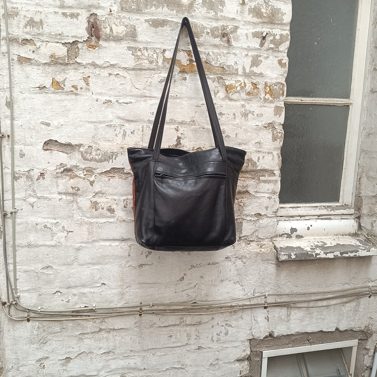 Vintage Leather Tote Bag | 90s Two Tone Black Brown Shoulder Purse