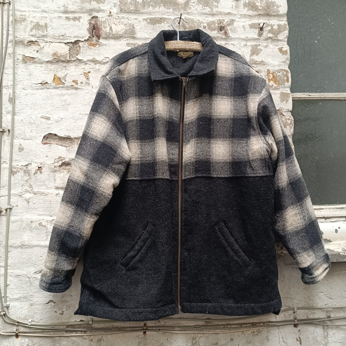 Vintage 90er Wolle Jacke Holzfäller Karo Schwarz Grau - Herren L Damen XL