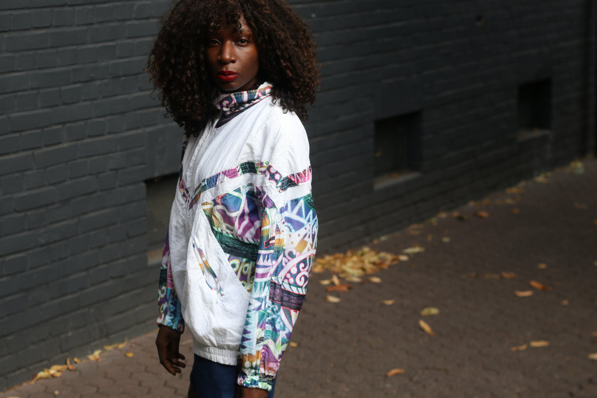80s Vintage Track Jacket - Abstract Pattern White Windbreaker | M/L