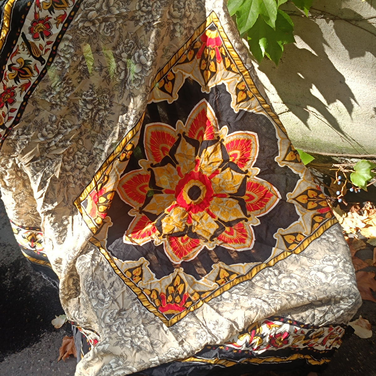 Marc Rozier Paris Vintage Scarf - Floral Mandala Wool Blend Wrap - Black Gold