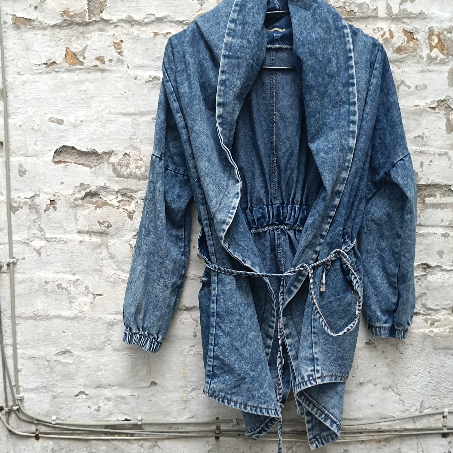 Vintage 80s Acid Wash Denim Jacket Hooded Wrap Coat Blue Jean Parka OshKosh S M