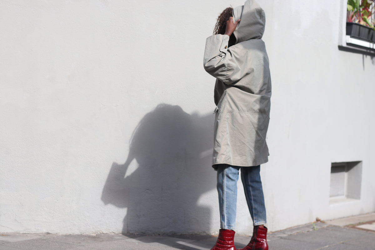 Trench Coat 80s Vintage Sage Green Hooded Oversized Jacket | L/XL