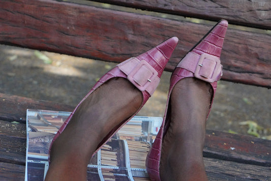 Vigneron Paris Vintage Pink Croc Pumps 38 Italy Y2K Pointed Toe Kitten Heels