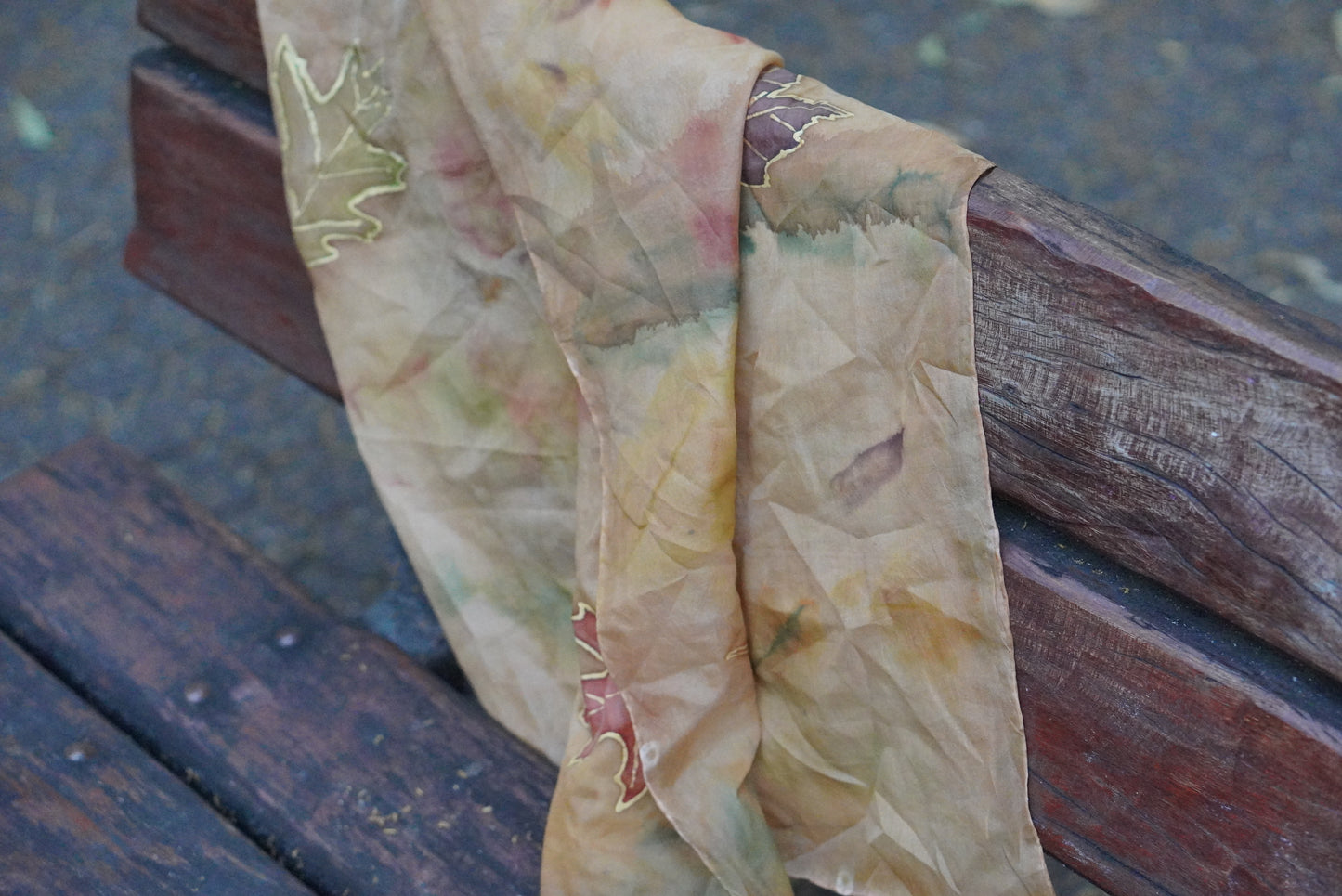 Vintage Silk Scarf Hand Painted Earthy Autumn Maple Leaf Silk Neck Scarf Brown 90s