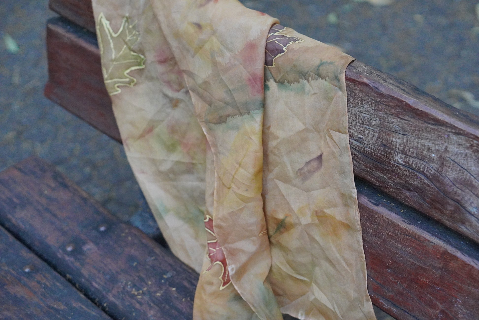 Vintage Silk Scarf Hand Painted Earthy Autumn Maple Leaf Silk Neck Scarf Brown 90s
