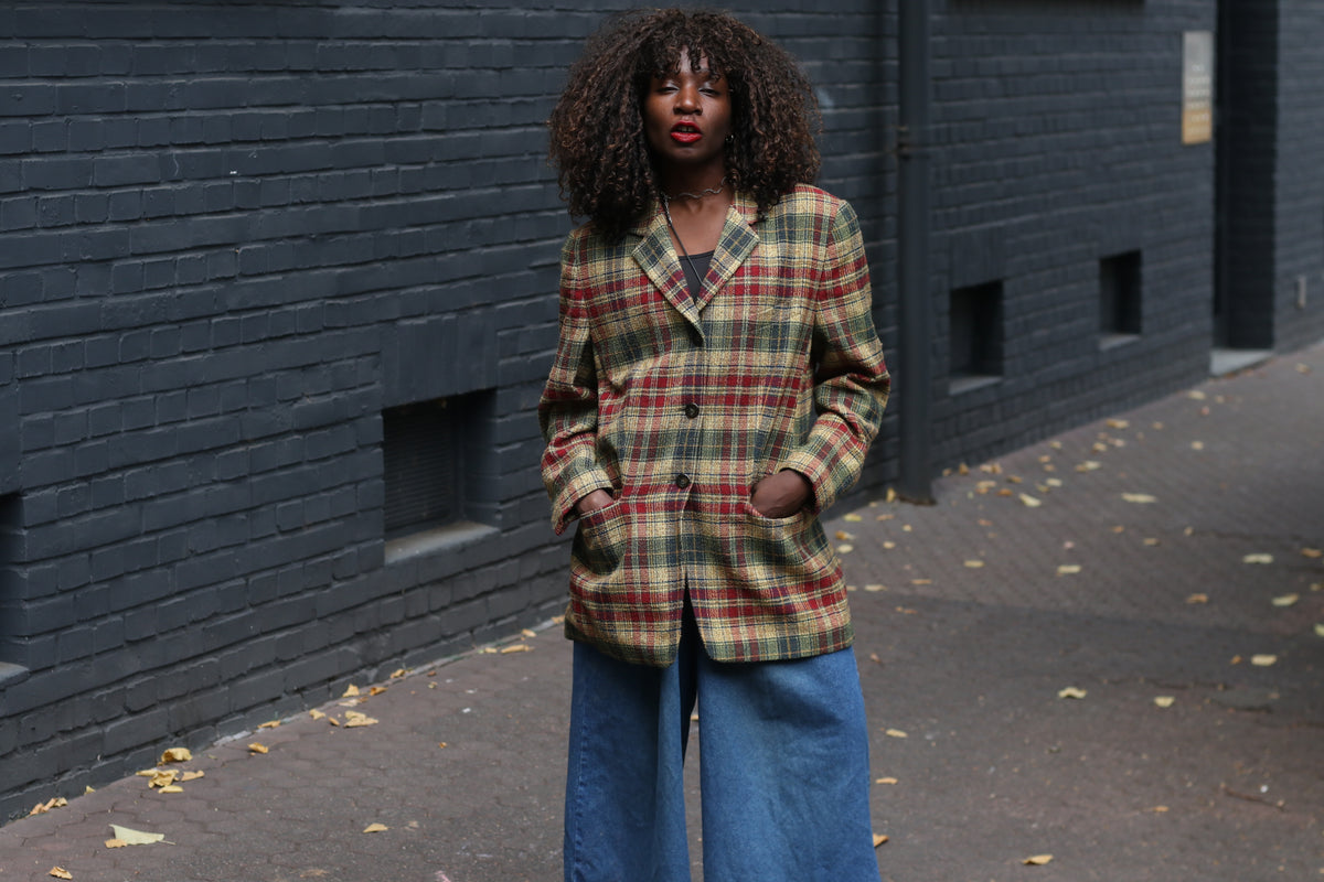 Vintage Plaid Wool Blazer | 90s Checked Oversized Jacket M/L