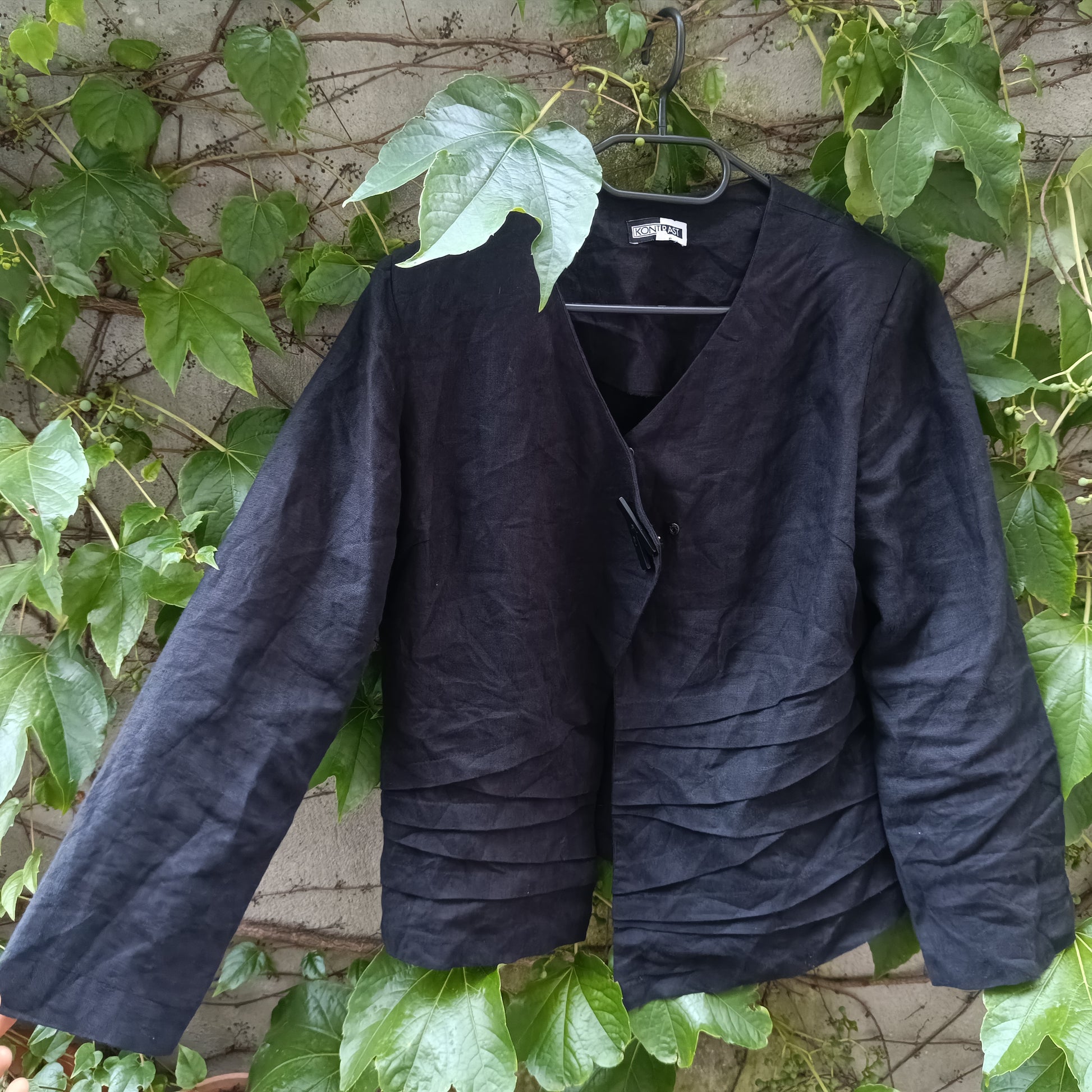 Linen Jacket 90s Minimalist Black Pleated Blazer Fits S EU 36