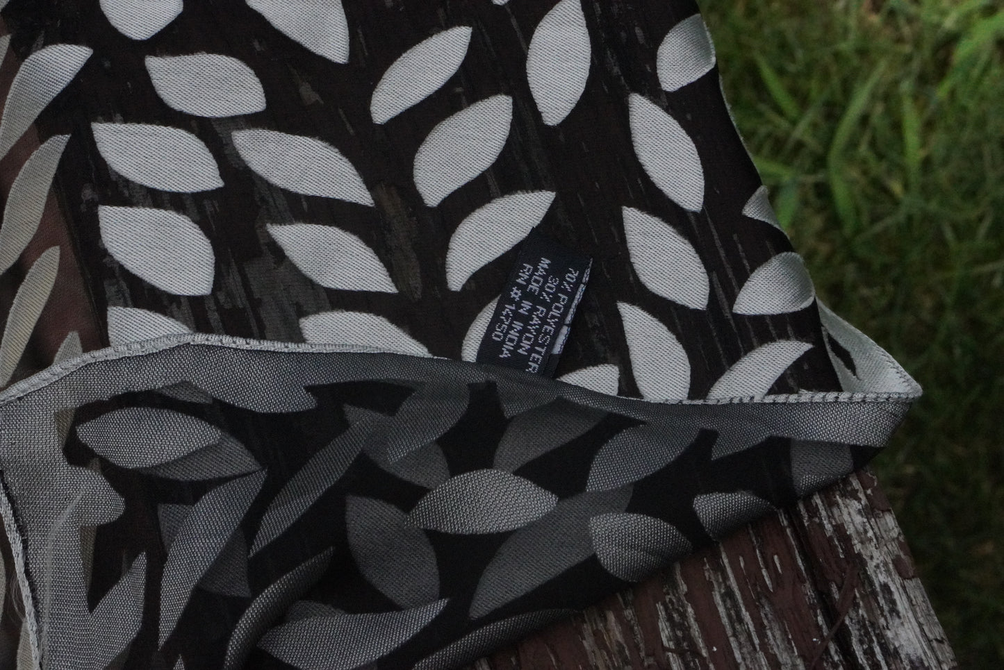 Vintage 90s Sheer Black Silver Leaf Scarf - Metallic Head Scarf