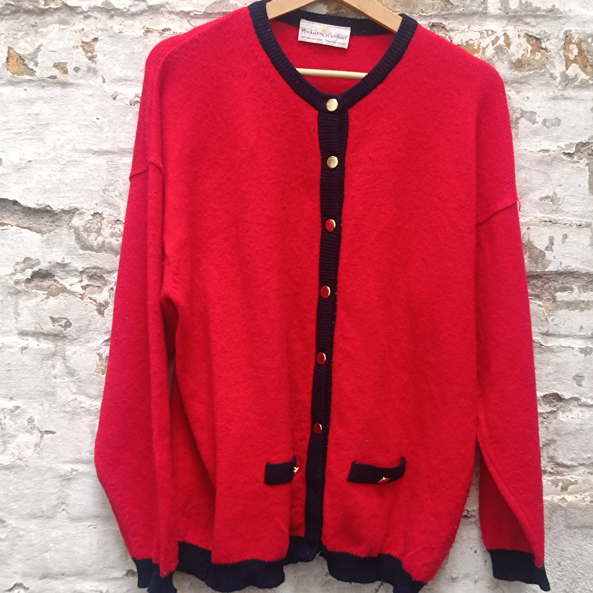 Wool Cardigan Vintage 80s Red Navy | Mackinnon Scotland Knit Sweater | L