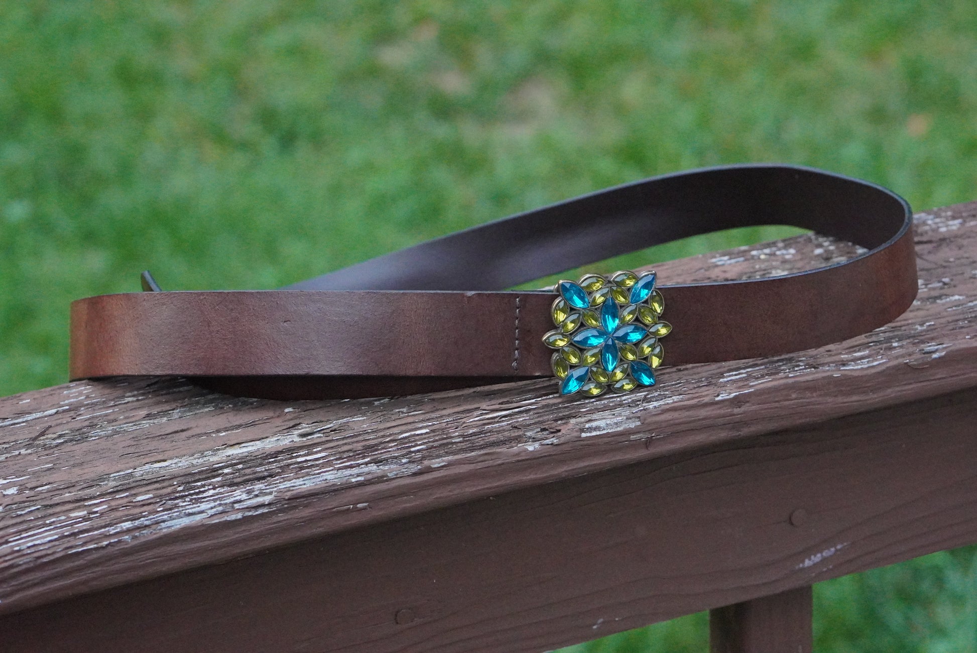 Vintage Y2K Italian Leather Belt - Blue Green Rhinestone Buckle Boho