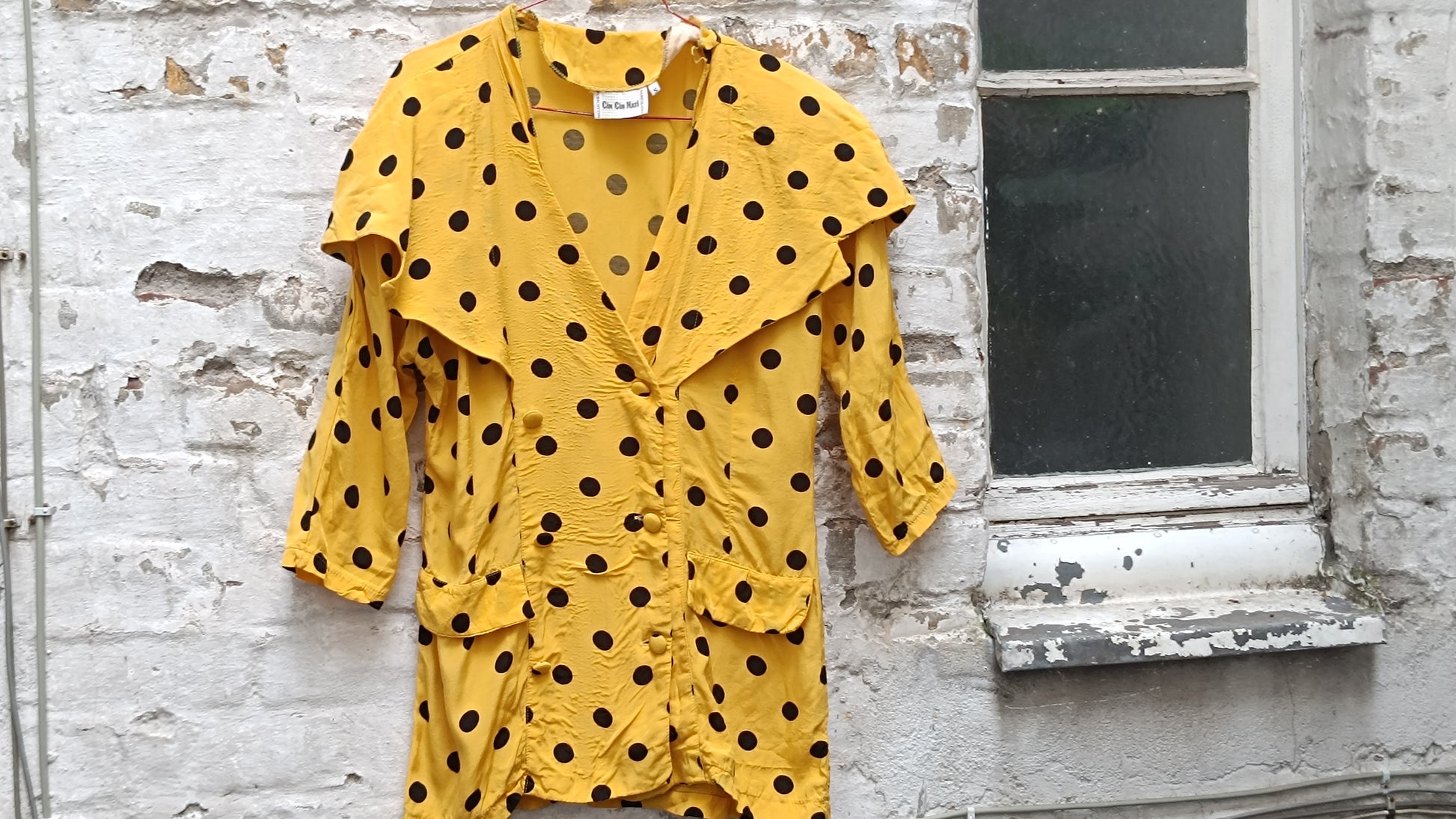 Vintage 1980s Polka Dot Blouse Yellow Black Statement Collar Avant Garde Shirt