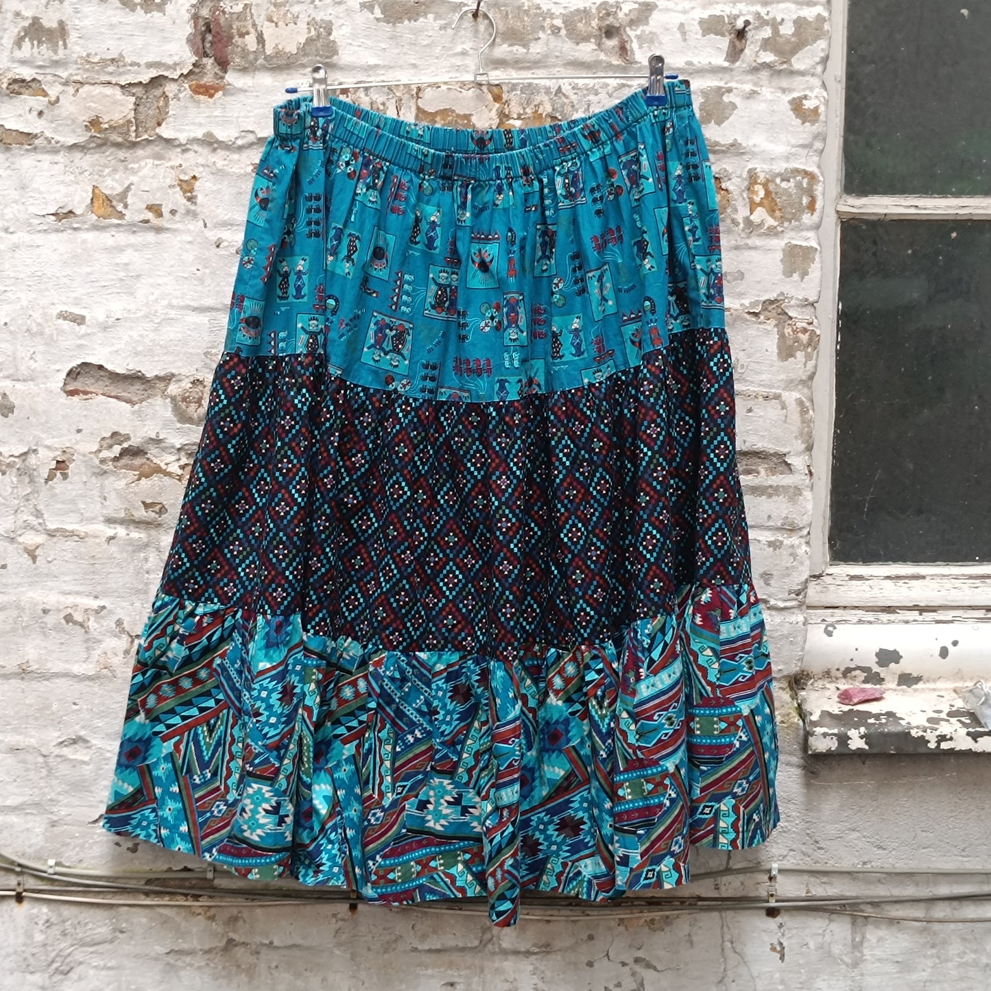 Vintage 80s Aztec Turquoise Maxi Skirt Boho Western Tiered Pattern Festival Skirt