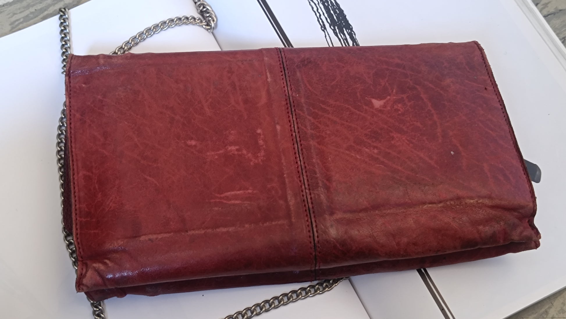 Vintage 1970s Red Leather Chain Shoulder Bag and Clutch