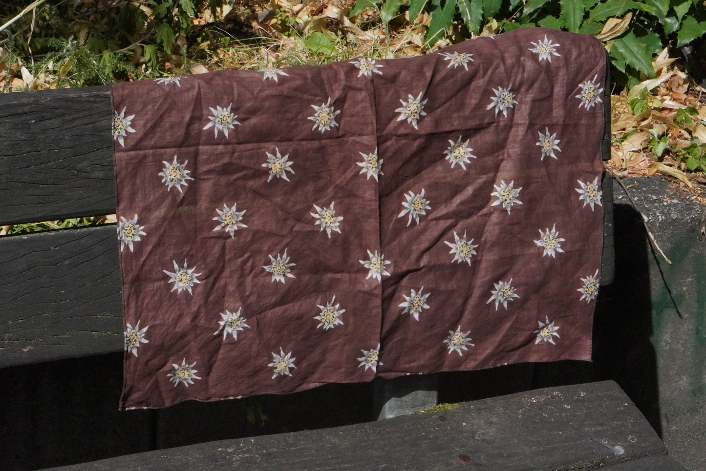 Vintage Alpine Edelweiss Cotton Bandana | 1970s Brown Folk Neck Scarf