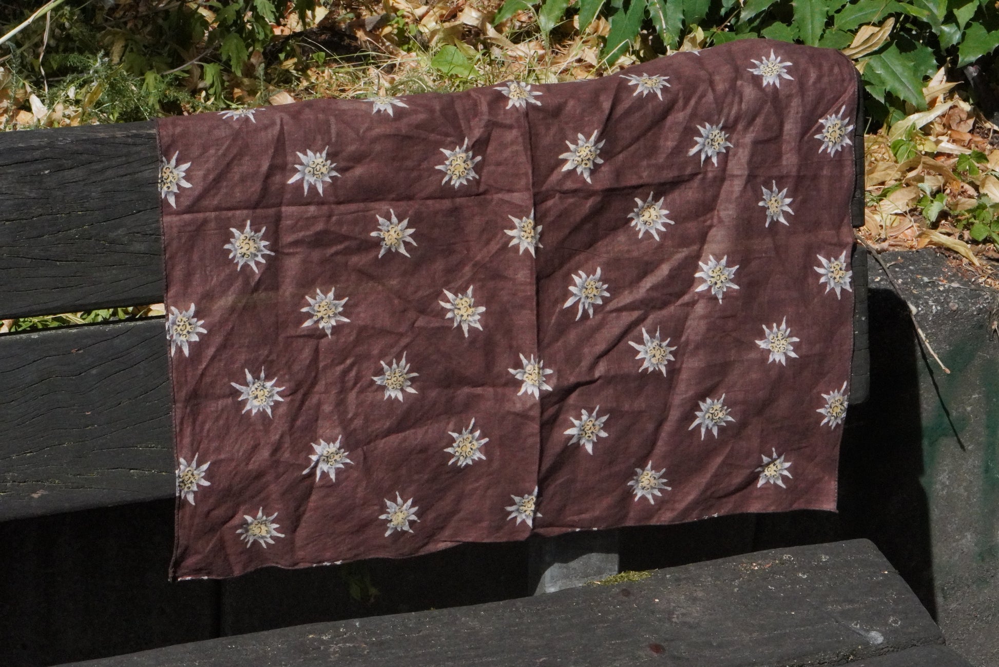 Vintage Alpine Edelweiss Cotton Bandana | 1970s Brown Folk Neck Scarf