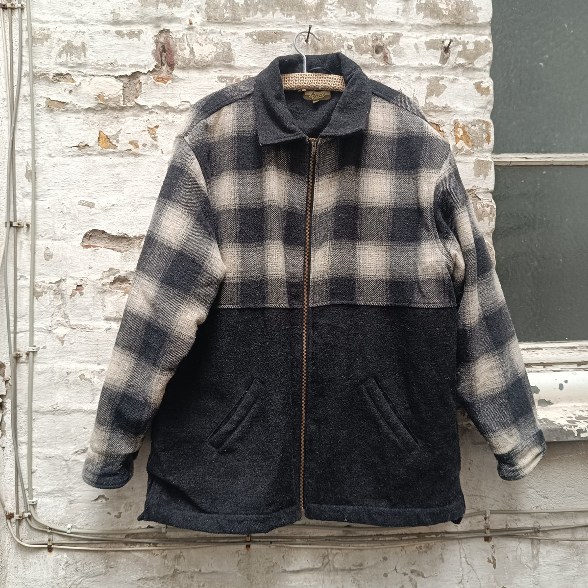Vintage 90er Wolle Jacke Holzfäller Karo Schwarz Grau - Herren L Damen XL