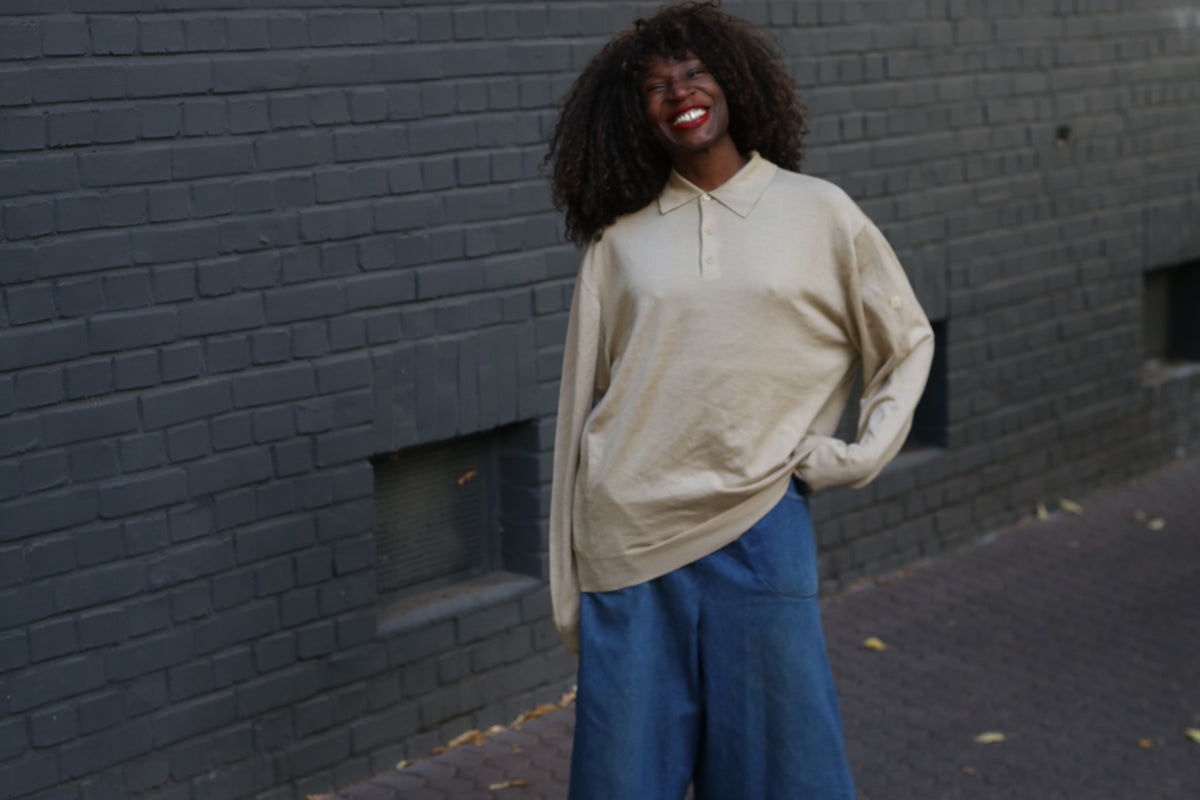 Vintage Beige Knit Polo Sweater | 90s Minimalist Wool Silk Cashmere | XL