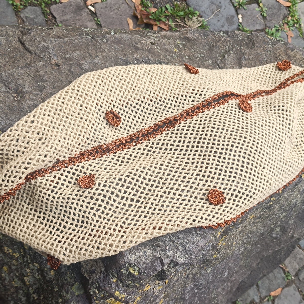 Crochet Mesh Scarf | Vintage 90s Beige Metallic Trim | One Size