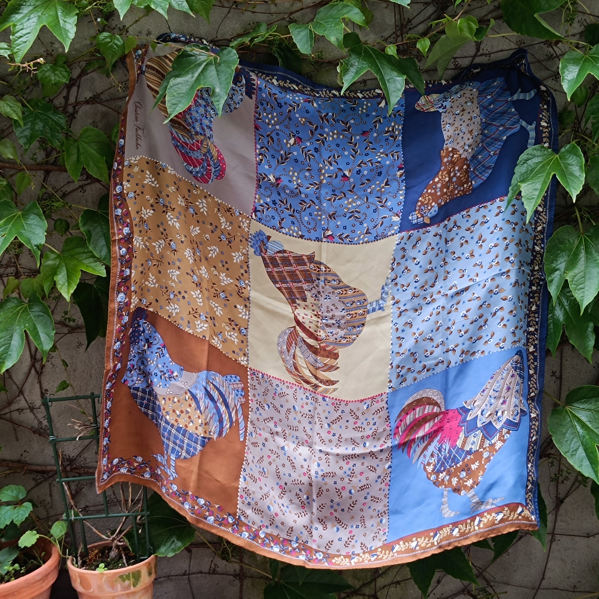 Vintage Christian Fischbacher Silk Scarf Handprinted Rooster Folk Art Shawl