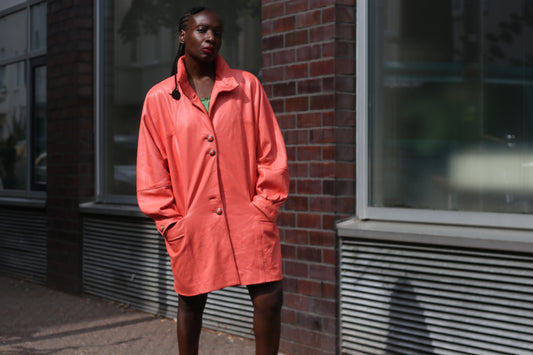 Vintage 80s Coral Pink Leather Coat - Oversized Trench Jacket L