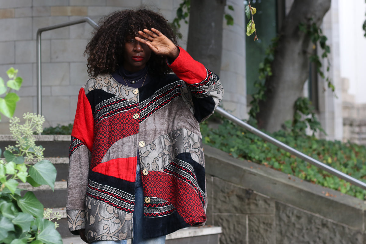 Vintage Patchwork Jacket - Y2K Boho Tapestry Coat Red Black | XXL