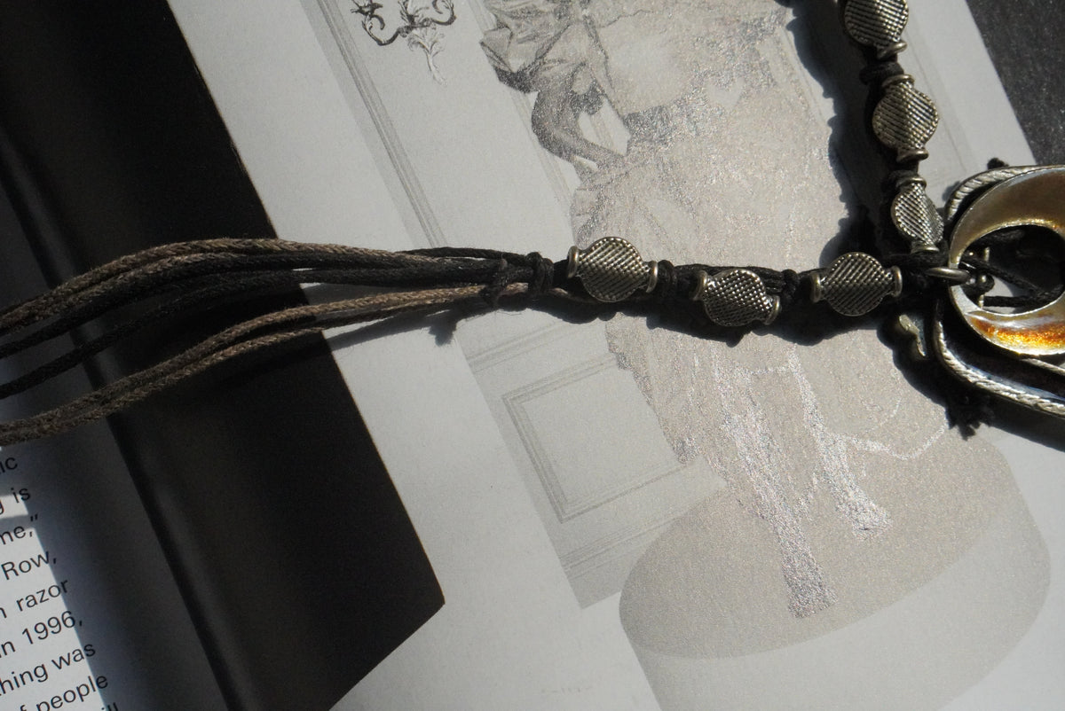 Vintage Boho Statement Necklace Silver Pendant 1990s Black Enamel Coin Choker Bag