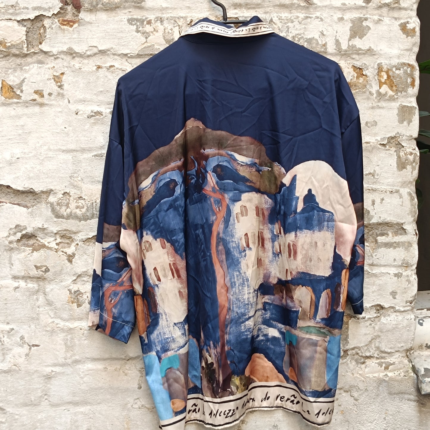 Vintage Silk Landscape Print Shirt - 90s Oversized Blue Blouse  M/L