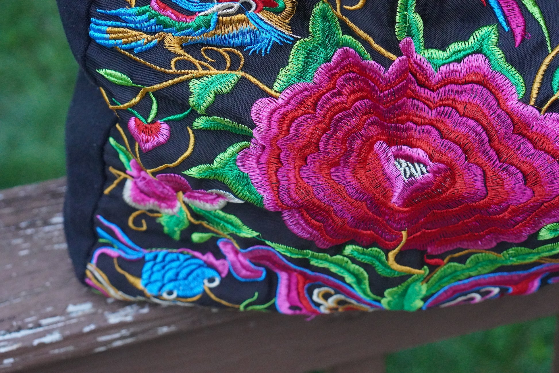 Vintage Floral Embroidered Black Canvas Tote Bag - Y2K Boho Shoulder Purse