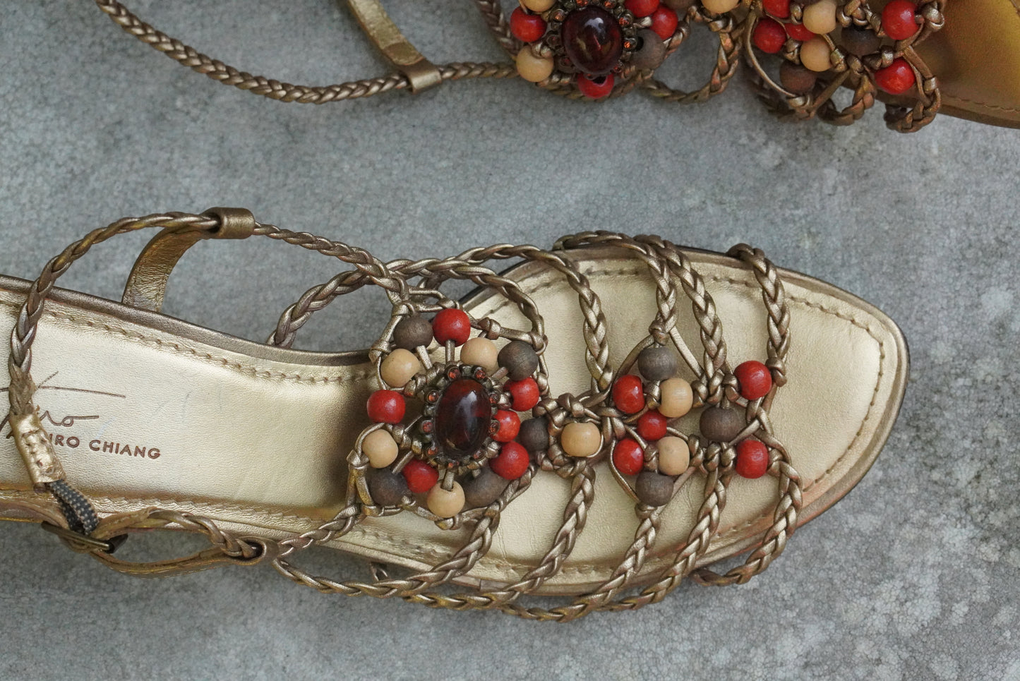 Arturo Chiang Vintage Y2K Gold Leather Beaded Heeled Sandals - Size US 7.5