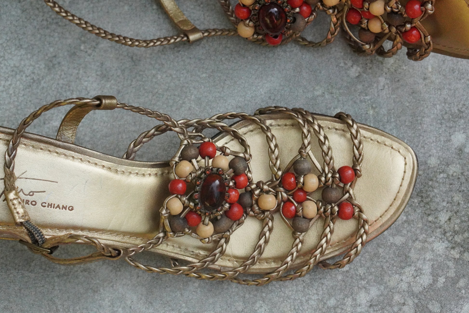 Arturo Chiang Vintage Y2K Gold Leather Beaded Heeled Sandals - Size US 7.5