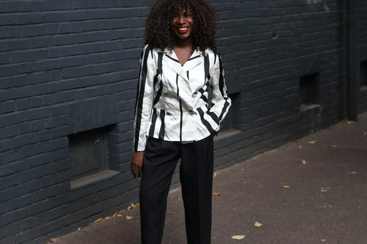 Vintage Striped Blazer | 90s Black White Geometric Jacket | Vera Mont S