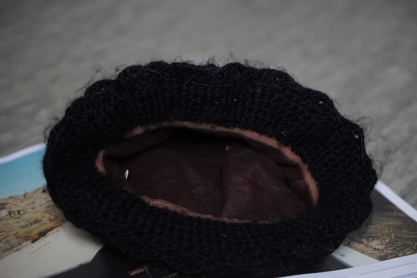 Cloche Hat 1920s Style Black Knit - Floral Fuzzy Accent Winter Hat