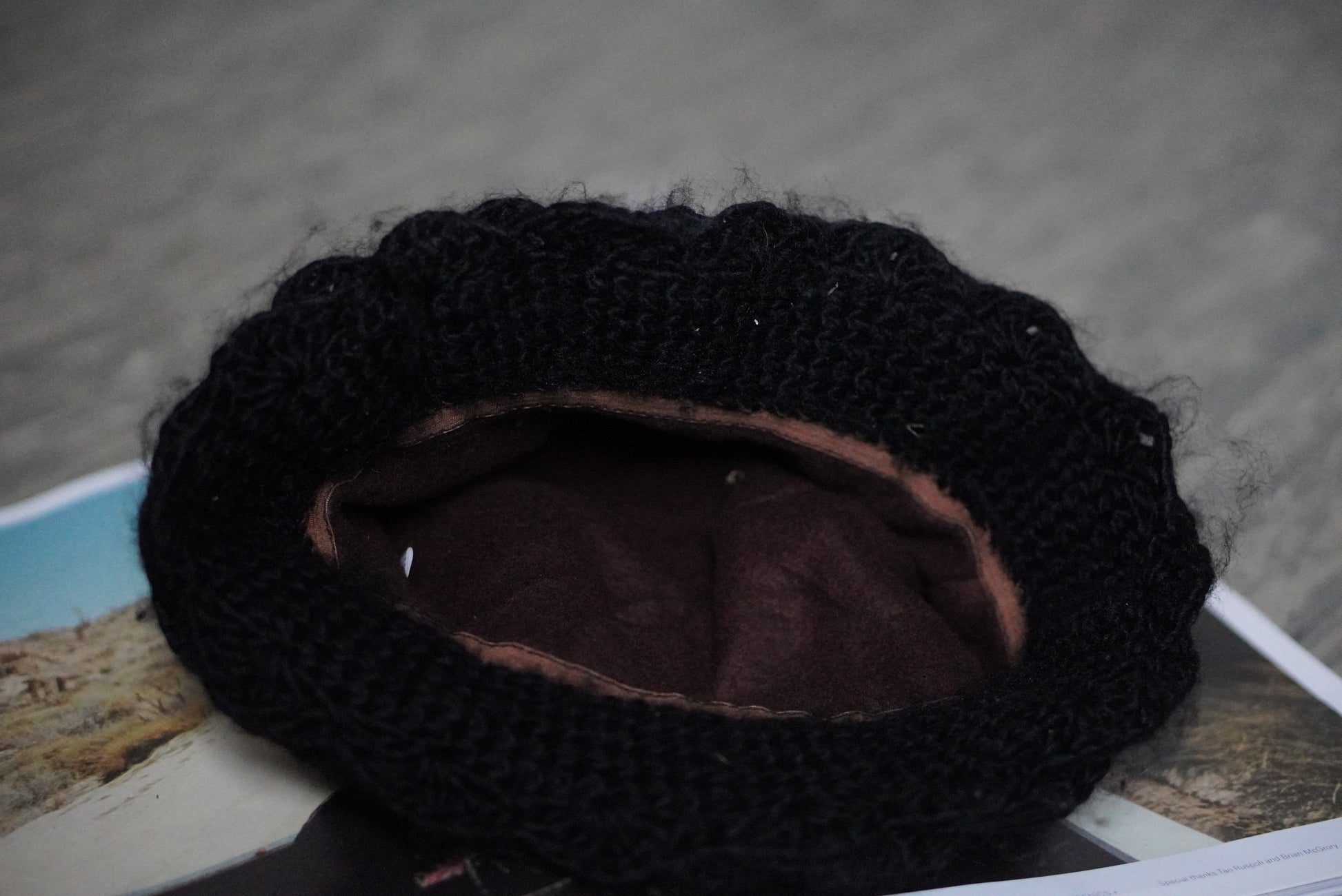 Cloche Hat 1920s Style Black Knit - Floral Fuzzy Accent Winter Hat