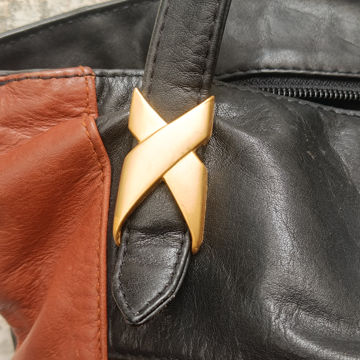 Vintage Leather Tote Bag | 90s Two Tone Black Brown Shoulder Purse