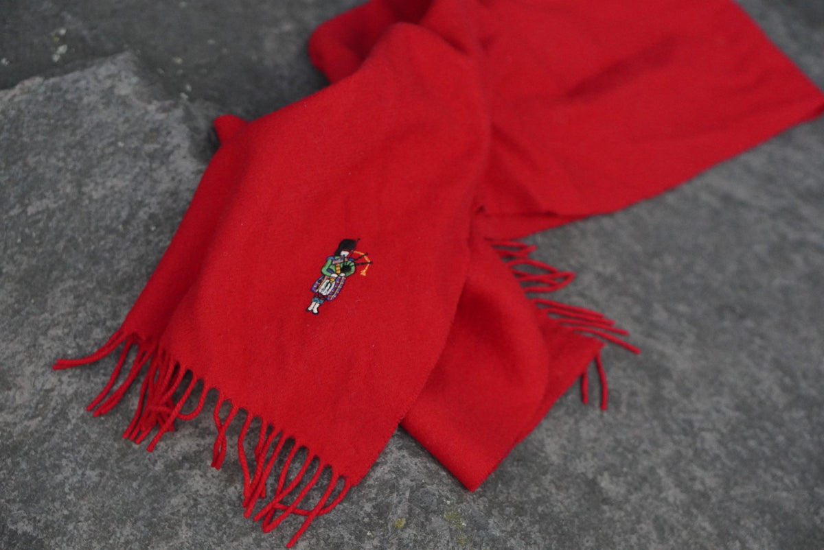 Red Wool Scarf - Vintage 80s Embroidered Bagpiper Fringed Scarf | One Size