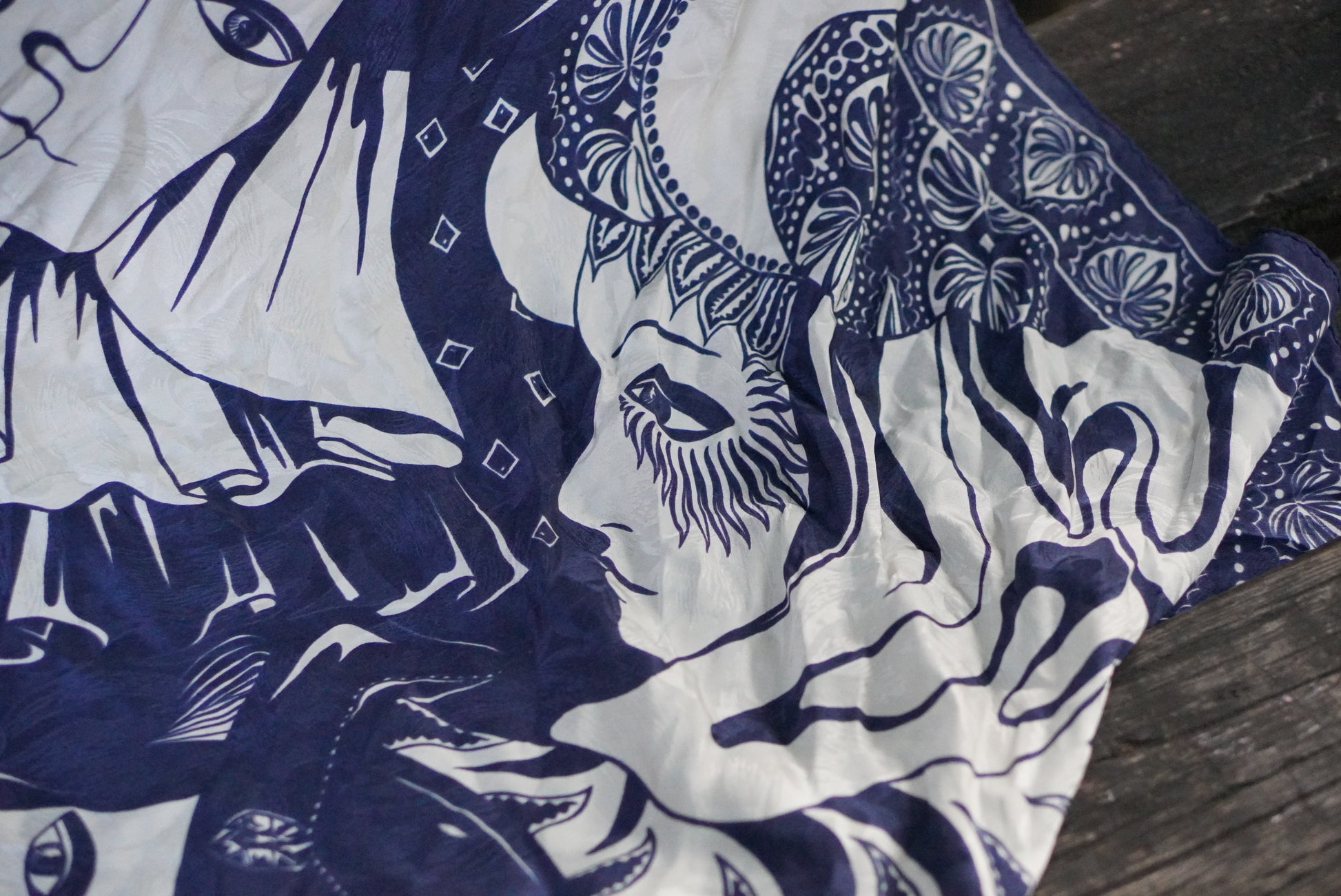 Vintage 1980s Silk Scarf Venetian Masquerade Navy Blue Jacquard Harlequin Border