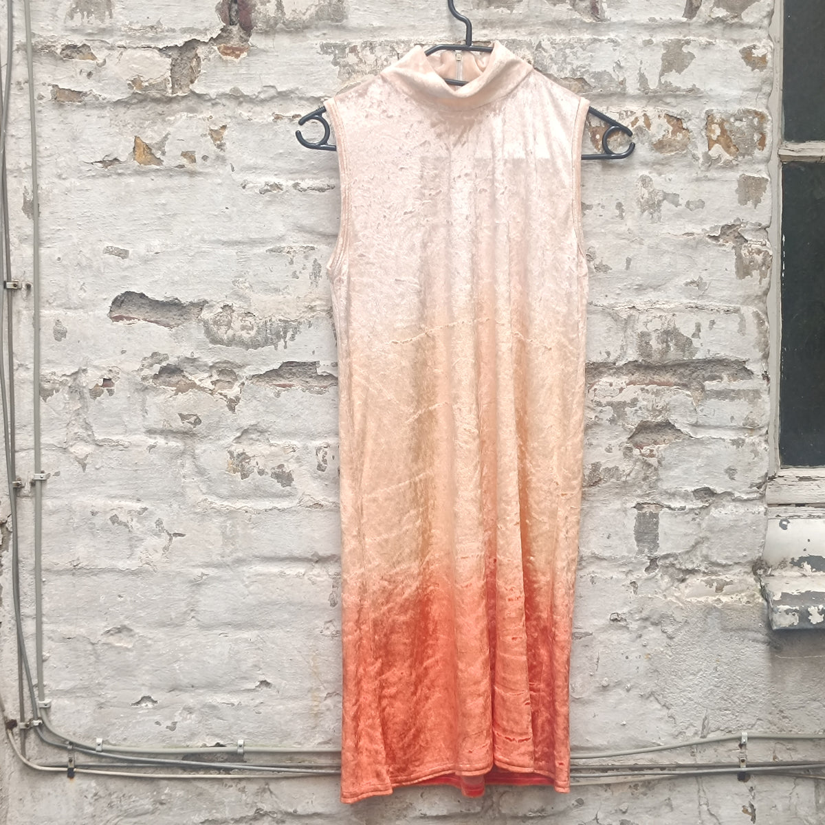 Vintage Ombre Velvet Mini Dress - 90s Peach Mock Neck Shift XS S