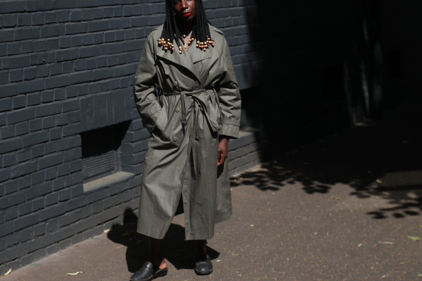 Vintage Trench Coat 80s Olive Green Khaki Plaid Lined Long Rain Mac Jacket Large