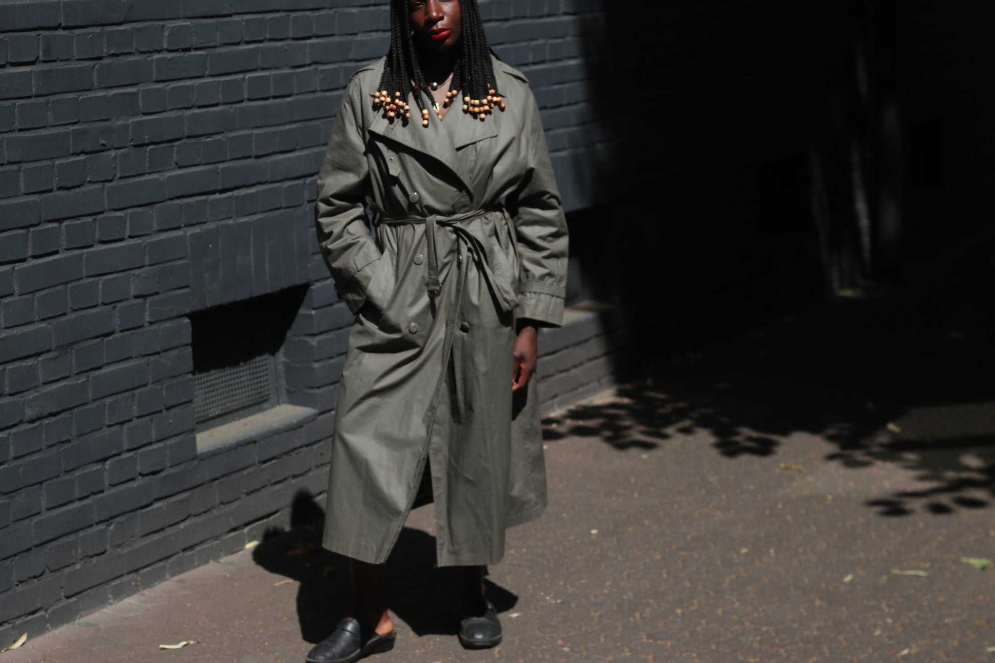Vintage Trench Coat 80s Olive Green Khaki Plaid Lined Long Rain Mac Jacket Large