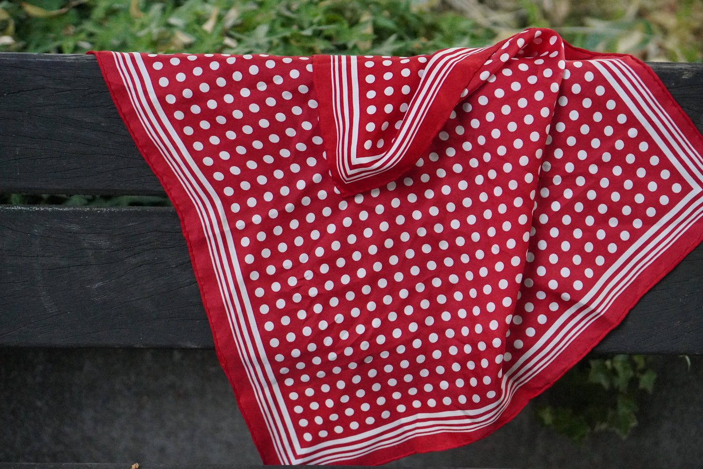 Vintage 1970s Red Polka Dot Scarf Square White Striped Border Head Neck Scarf