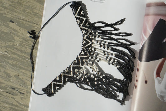 Beaded Statement Collar Necklace | Vintage Boho Geometric Fringe | Black White