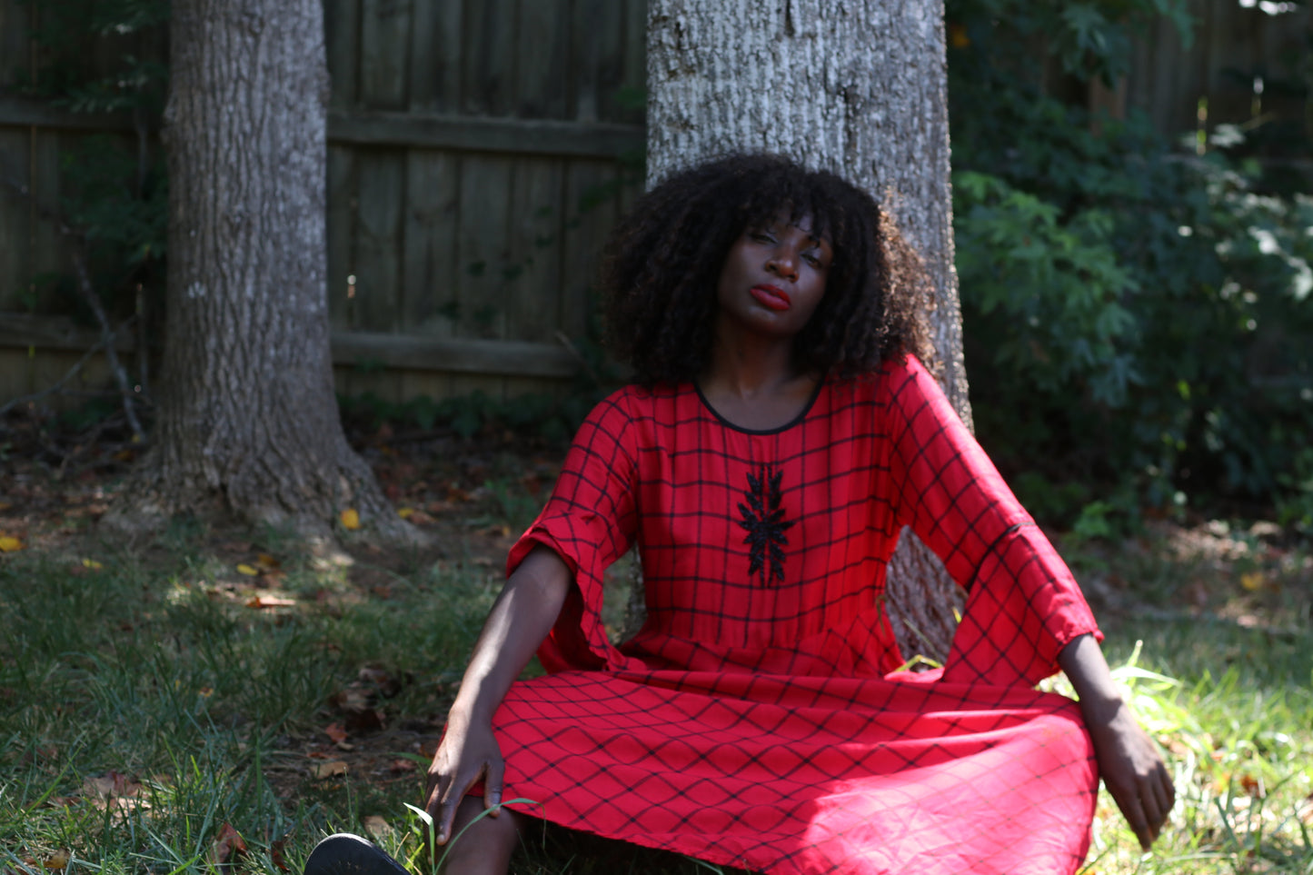 Vintage 1990s Red Plaid Bell Sleeve Maxi Dress